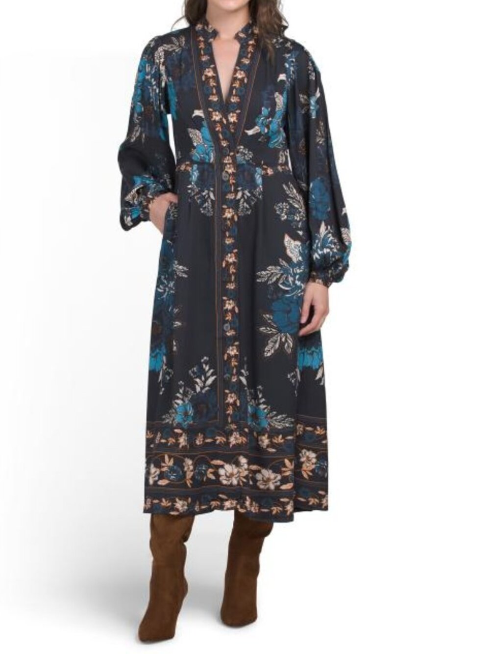 CAROLINE CONSTAS Long Sleeve V-neck Midi Dress With Button Down Placket